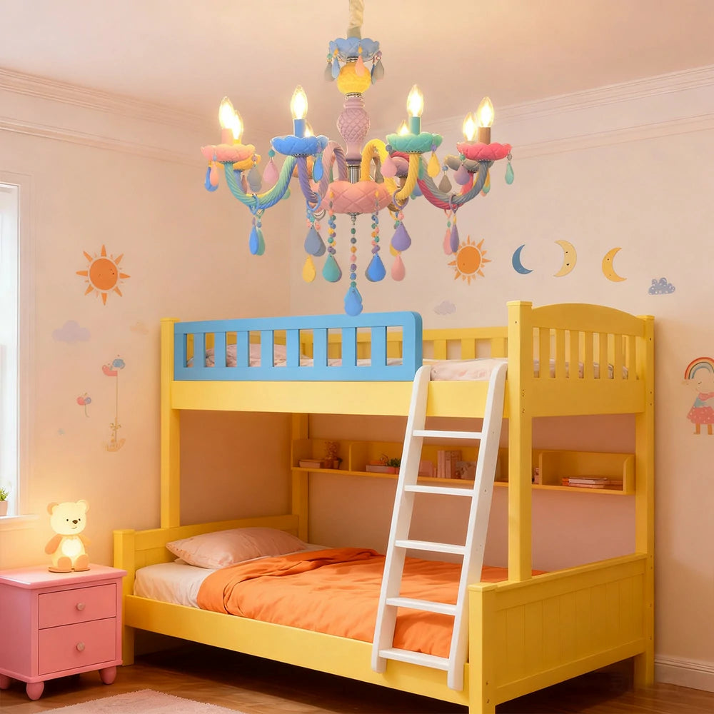 LIVARA Macaron Chandelier 5/8/10-Head LED Warm Light, Colorful Glass & Stainless Steel Ceiling Lamp for Kids Room