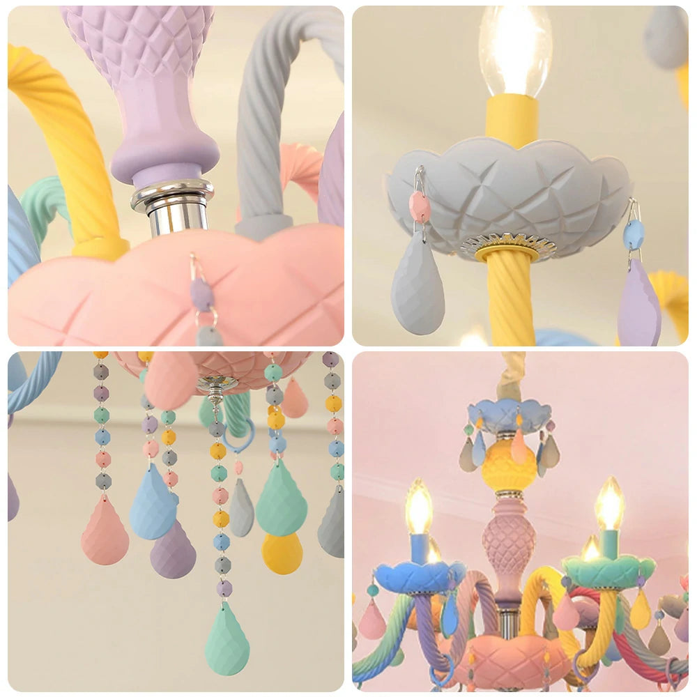 LIVARA Macaron Chandelier 5/8/10-Head LED Warm Light, Colorful Glass & Stainless Steel Ceiling Lamp for Kids Room