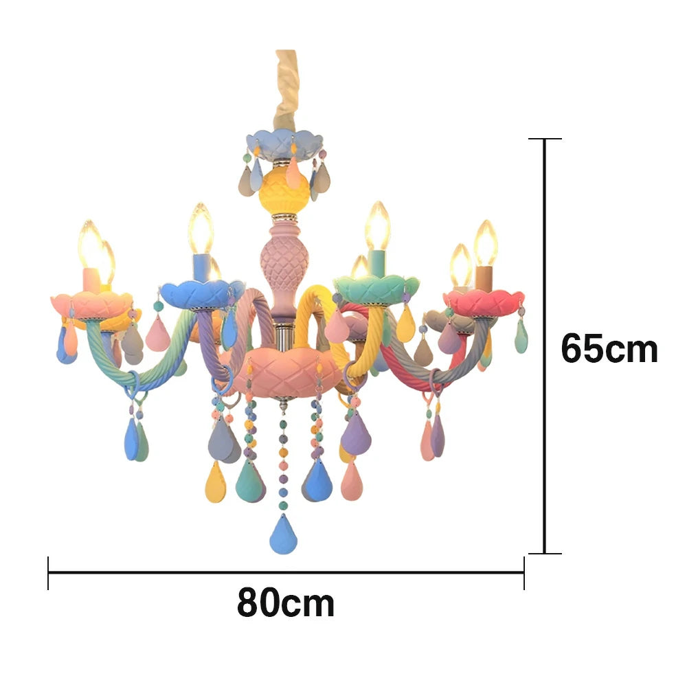 LIVARA Macaron Chandelier 5/8/10-Head LED Warm Light, Colorful Glass & Stainless Steel Ceiling Lamp for Kids Room