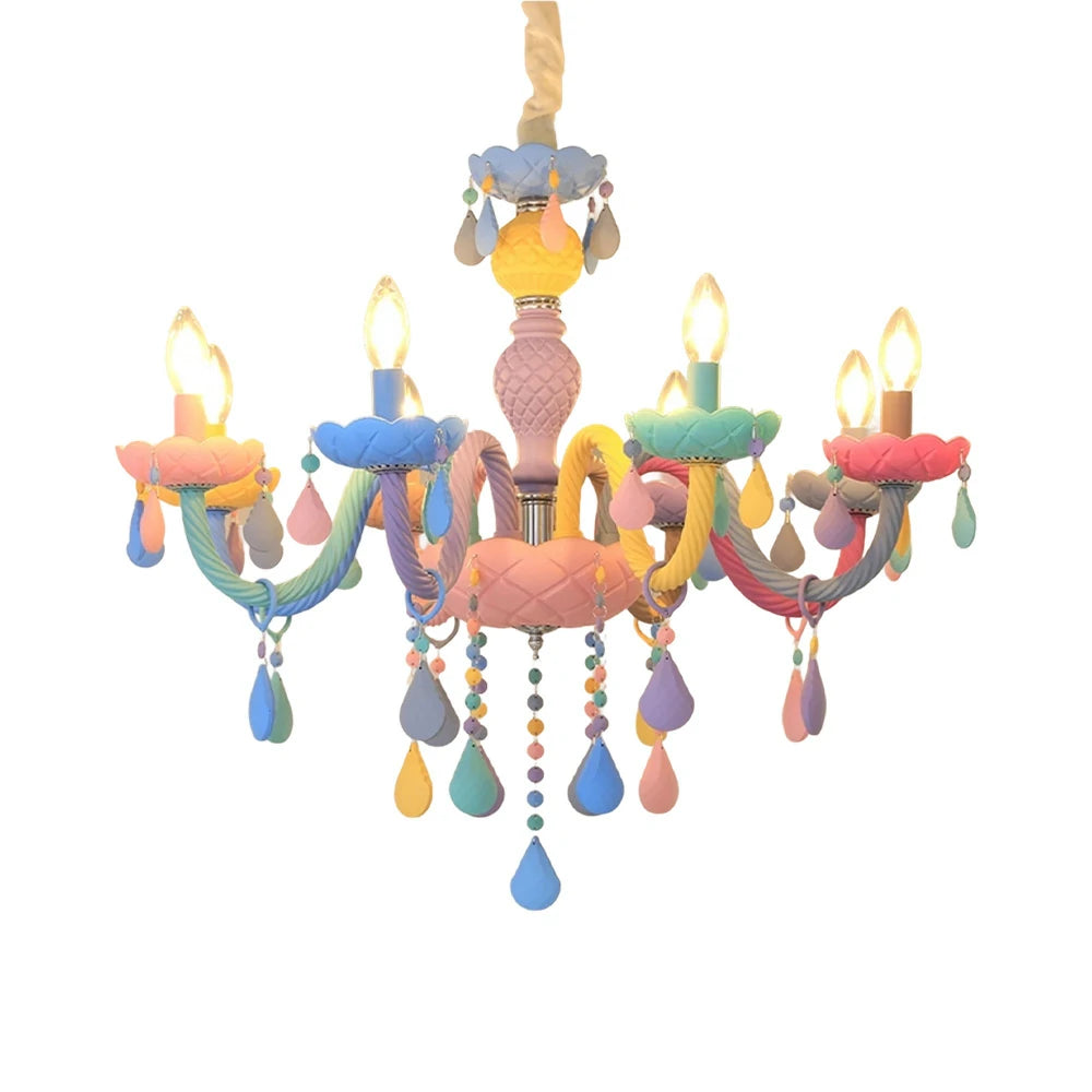 LIVARA Macaron Chandelier 5/8/10-Head LED Warm Light, Colorful Glass & Stainless Steel Ceiling Lamp for Kids Room