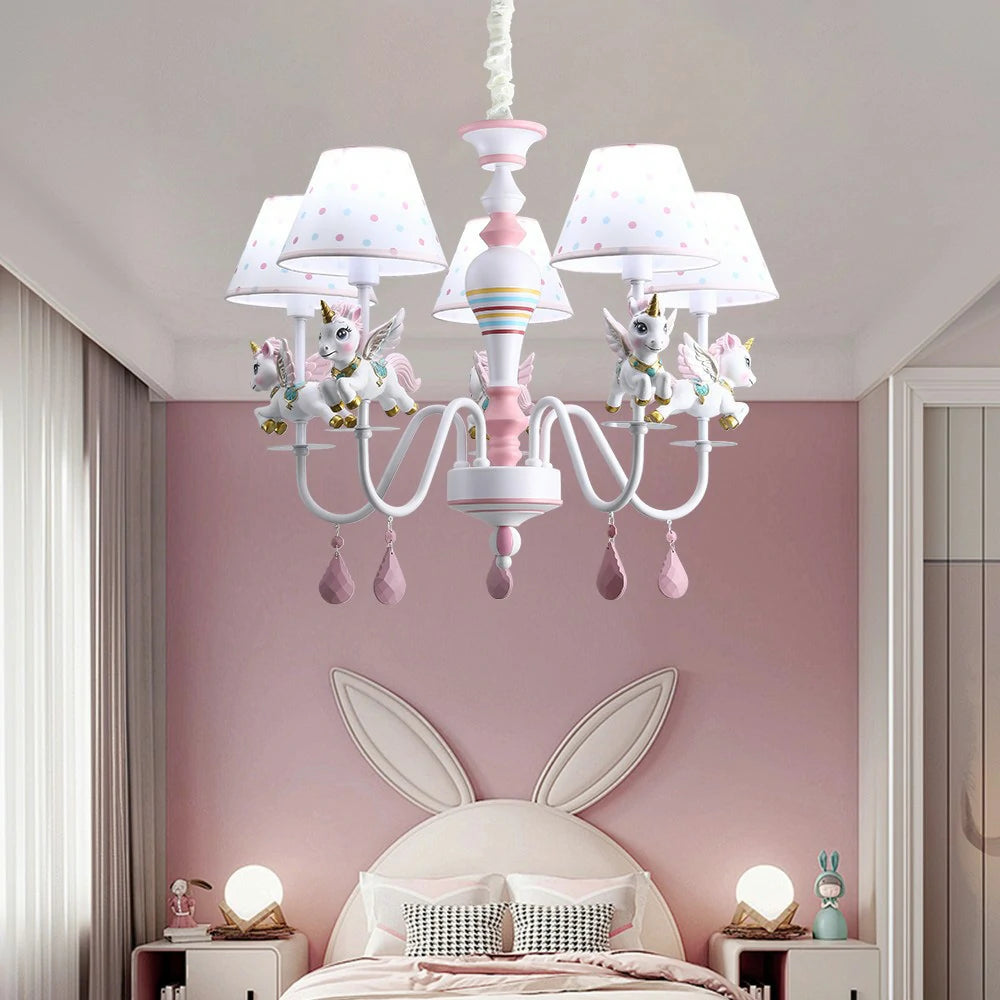 LIVARA Unicorn Eye-Care LED Chandelier White/Warm/Tri-Color Light, Iron & Resin Ceiling Lamp with Fabric Shade for Kids Room