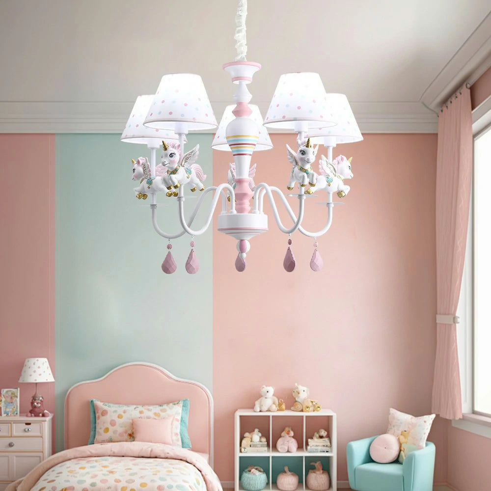 LIVARA Unicorn Eye-Care LED Chandelier White/Warm/Tri-Color Light, Iron & Resin Ceiling Lamp with Fabric Shade for Kids Room
