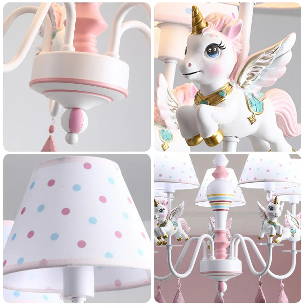 LIVARA Unicorn Eye-Care LED Chandelier White/Warm/Tri-Color Light, Iron & Resin Ceiling Lamp with Fabric Shade for Kids Room