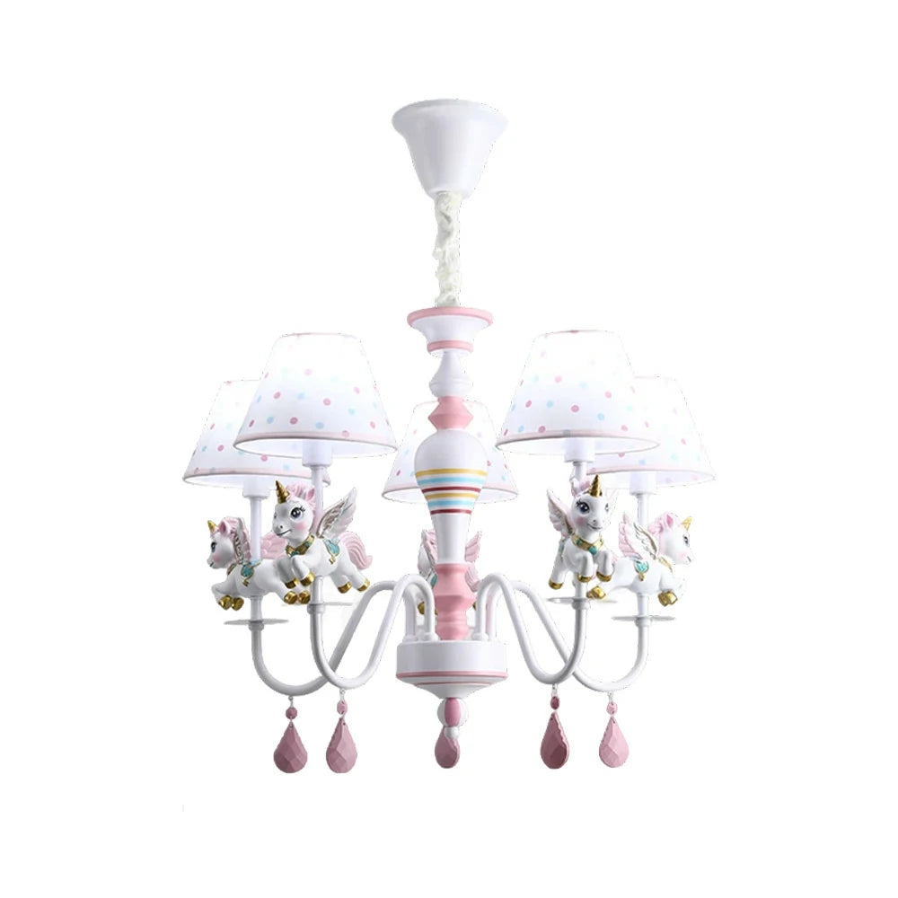 LIVARA Unicorn Eye-Care LED Chandelier White/Warm/Tri-Color Light, Iron & Resin Ceiling Lamp with Fabric Shade for Kids Room