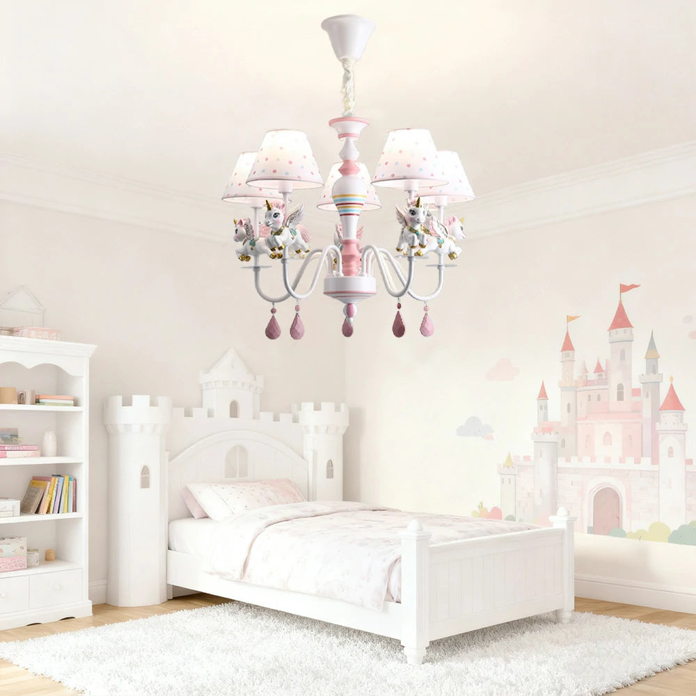 LIVARA Unicorn Eye-Care LED Chandelier White/Warm/Tri-Color Light, Iron & Resin Ceiling Lamp with Fabric Shade for Kids Room