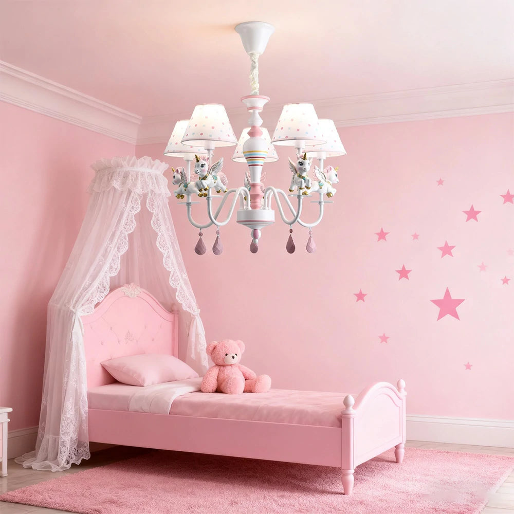 LIVARA Unicorn Eye-Care LED Chandelier White/Warm/Tri-Color Light, Iron & Resin Ceiling Lamp with Fabric Shade for Kids Room