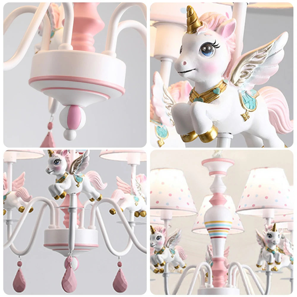 LIVARA Unicorn Eye-Care LED Chandelier White/Warm/Tri-Color Light, Iron & Resin Ceiling Lamp with Fabric Shade for Kids Room