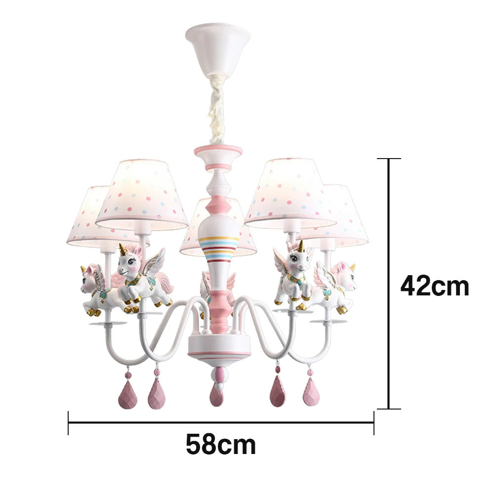 LIVARA Unicorn Eye-Care LED Chandelier White/Warm/Tri-Color Light, Iron & Resin Ceiling Lamp with Fabric Shade for Kids Room