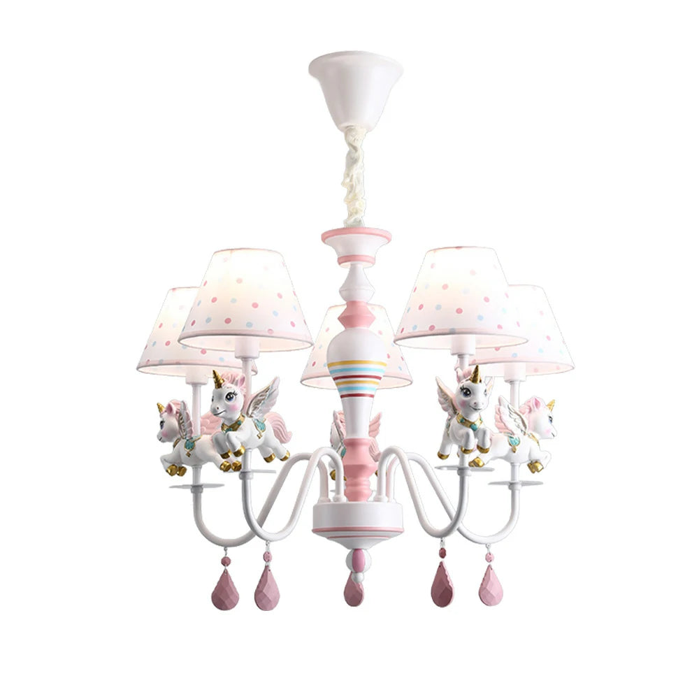 LIVARA Unicorn Eye-Care LED Chandelier White/Warm/Tri-Color Light, Iron & Resin Ceiling Lamp with Fabric Shade for Kids Room