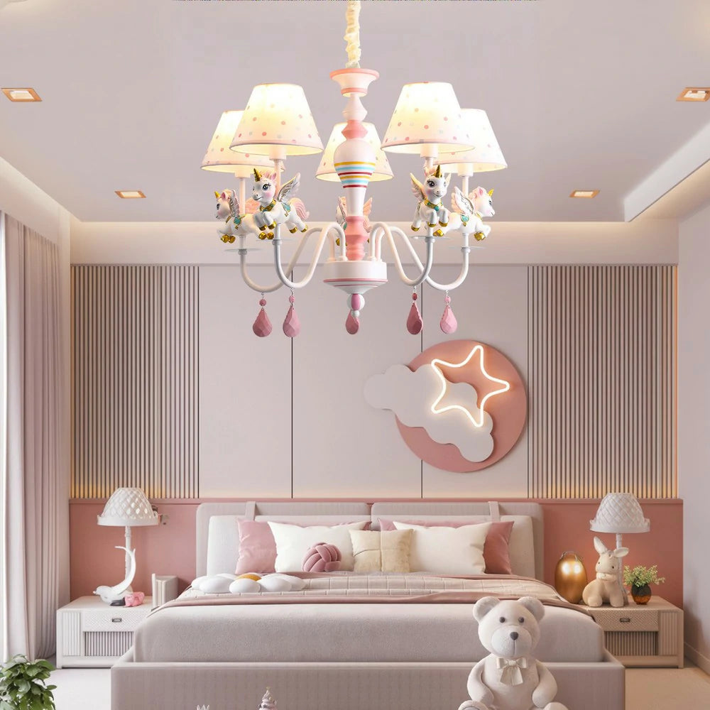 LIVARA Unicorn Eye-Care LED Chandelier White/Warm/Tri-Color Light, Iron & Resin Ceiling Lamp with Fabric Shade for Kids Room