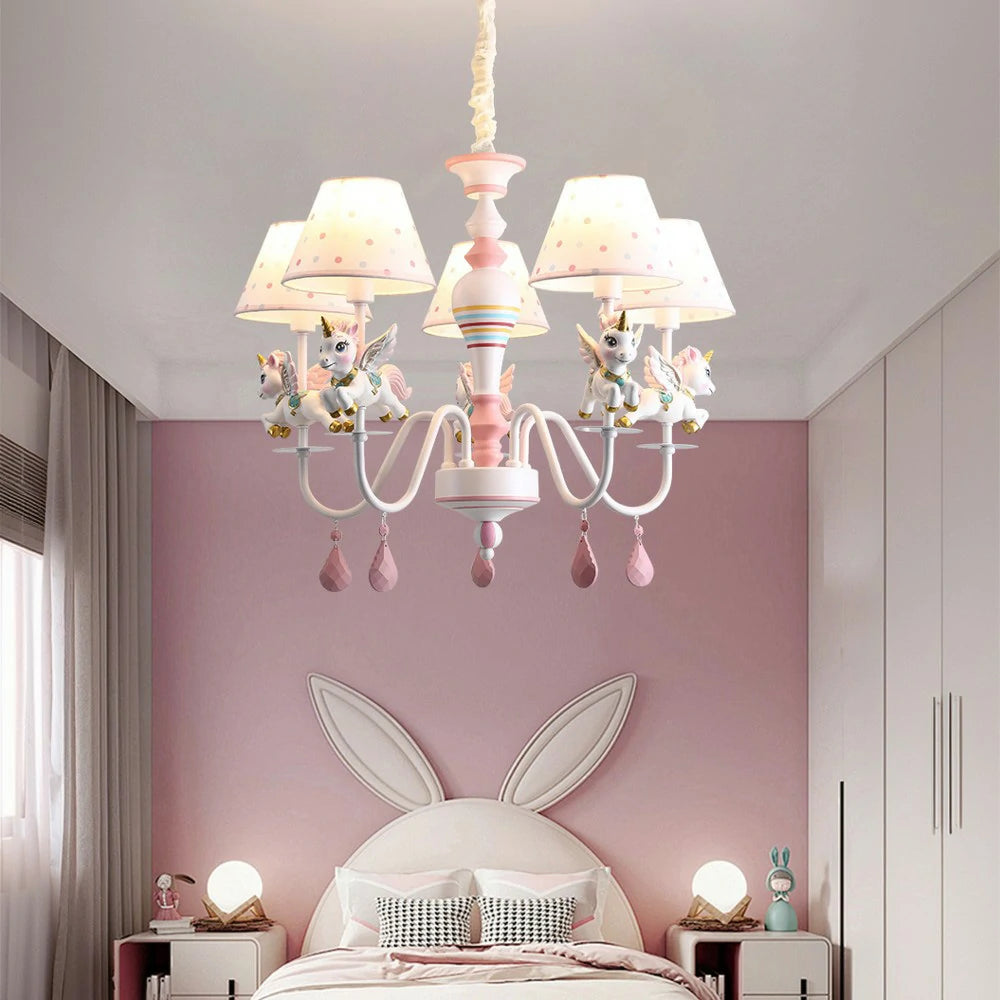 LIVARA Unicorn Eye-Care LED Chandelier White/Warm/Tri-Color Light, Iron & Resin Ceiling Lamp with Fabric Shade for Kids Room