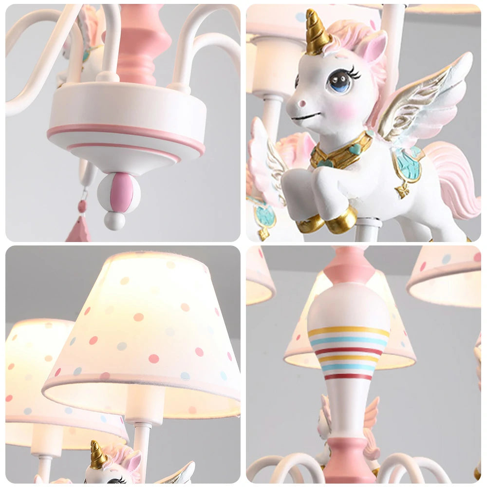 LIVARA Unicorn Eye-Care LED Chandelier White/Warm/Tri-Color Light, Iron & Resin Ceiling Lamp with Fabric Shade for Kids Room