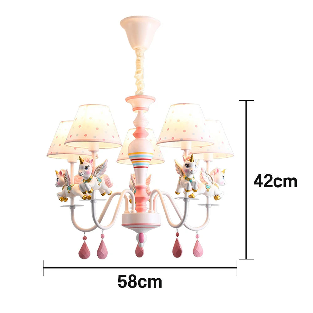 LIVARA Unicorn Eye-Care LED Chandelier White/Warm/Tri-Color Light, Iron & Resin Ceiling Lamp with Fabric Shade for Kids Room
