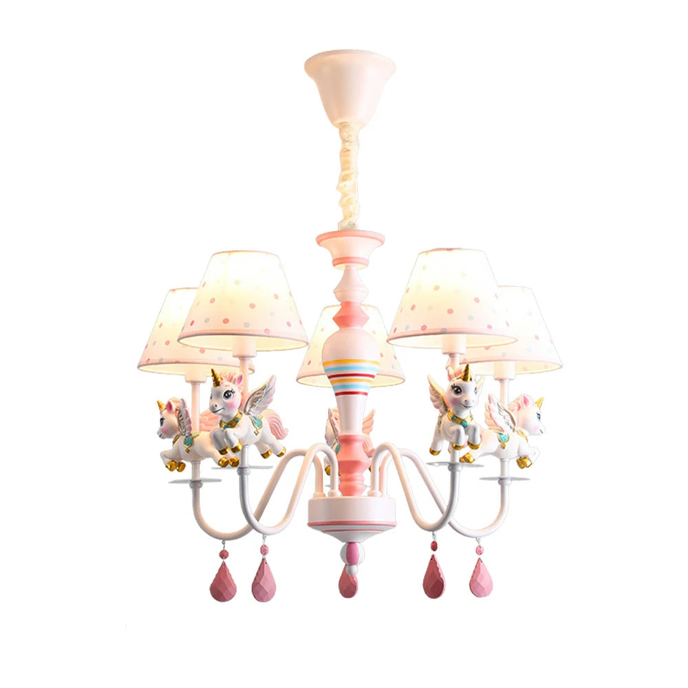 LIVARA Unicorn Eye-Care LED Chandelier White/Warm/Tri-Color Light, Iron & Resin Ceiling Lamp with Fabric Shade for Kids Room