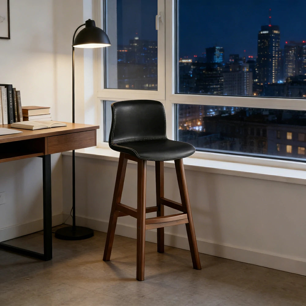 LIVARA Dining Chair Ergonomic Wide Seat Solid Wood Frame Faux Leather Upholstery High-Resilience Cushion - Black