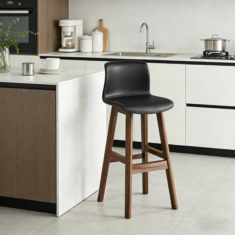 LIVARA Dining Chair Ergonomic Wide Seat Solid Wood Frame Faux Leather Upholstery High-Resilience Cushion - Black
