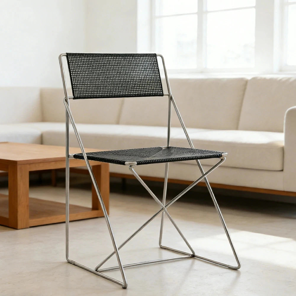 LIVARA Minimalist Metal Dining Chair - Breathable Woven Seat, Stackable Design, Stable Stainless Steel Frame, Indoor & Outdoor Use, Seat Height 44.5cm - Black