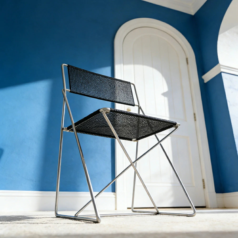 LIVARA Minimalist Metal Dining Chair - Breathable Woven Seat, Stackable Design, Stable Stainless Steel Frame, Indoor & Outdoor Use, Seat Height 44.5cm - Black