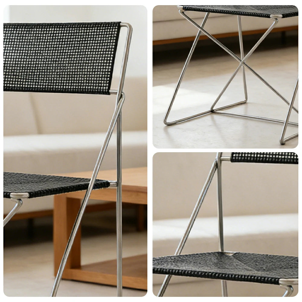 LIVARA Minimalist Metal Dining Chair - Breathable Woven Seat, Stackable Design, Stable Stainless Steel Frame, Indoor & Outdoor Use, Seat Height 44.5cm - Black