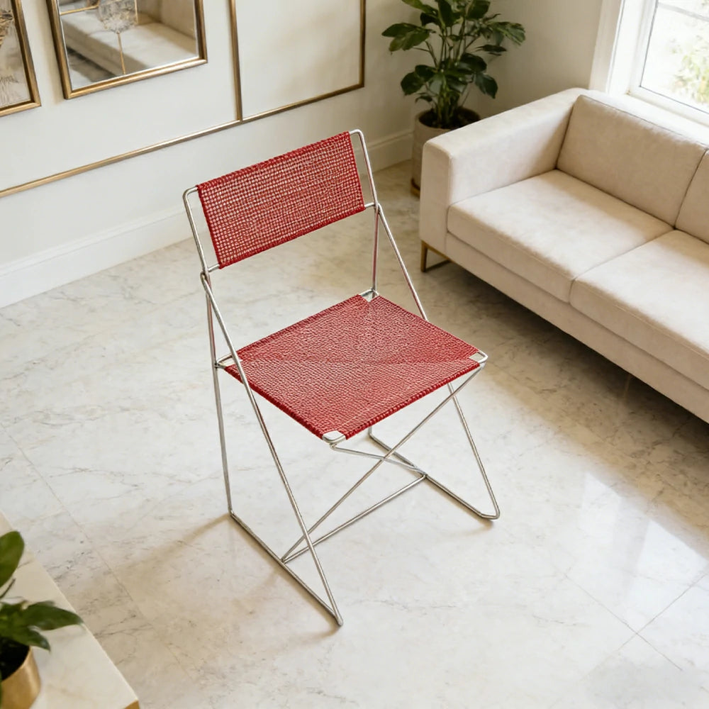 LIVARA Minimalist Metal Dining Chair - Breathable Woven Seat, Stackable Design, Stable Stainless Steel Frame, Indoor & Outdoor Use, Seat Height 44.5cm - Red