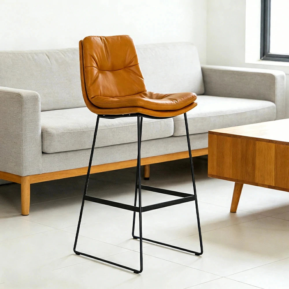 LIVARA Modern Bar Stool - PU Upholstered Ergonomic Padded Seat, Supportive Backrest, Stable Metal Legs, Kitchen & Bar Use, Seat Height 65cm - Orange