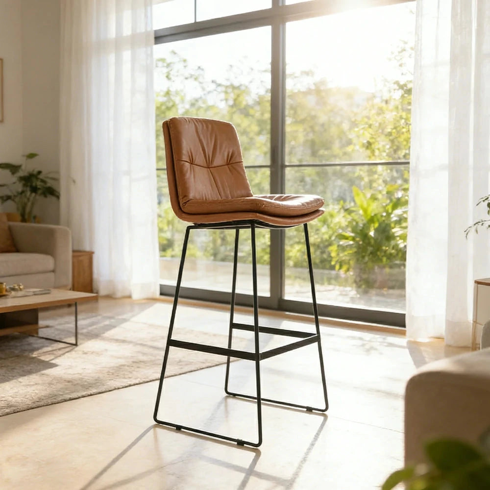 LIVARA Modern Bar Stool - PU Upholstered Ergonomic Padded Seat, Supportive Backrest, Stable Metal Legs, Kitchen & Bar Use, Seat Height 65cm - Brown