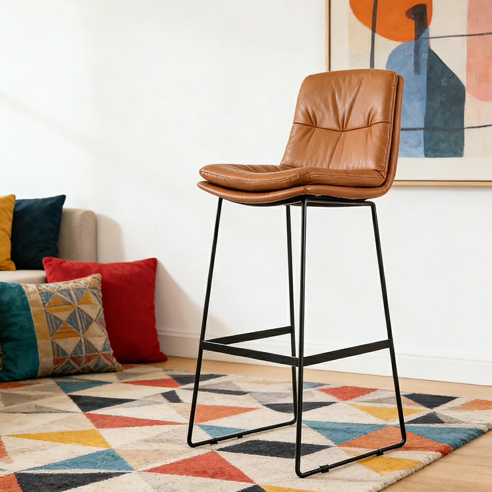 LIVARA Modern Bar Stool - PU Upholstered Ergonomic Padded Seat, Supportive Backrest, Stable Metal Legs, Kitchen & Bar Use, Seat Height 65cm - Brown
