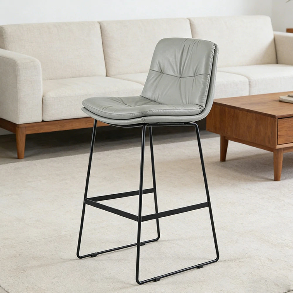 LIVARA Modern Bar Stool - PU Upholstered Ergonomic Padded Seat, Supportive Backrest, Stable Metal Legs, Kitchen & Bar Use, Seat Height 65cm - Light Grey