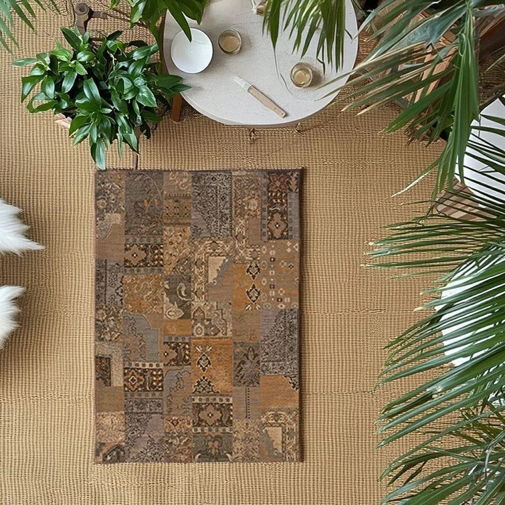 LIVARA 160/200cm Vintage Patchwork Loop-Pile Rug - Waterproof, Stain-Resistant, Anti-Static, Soft & Durable - Rustic Brown Style