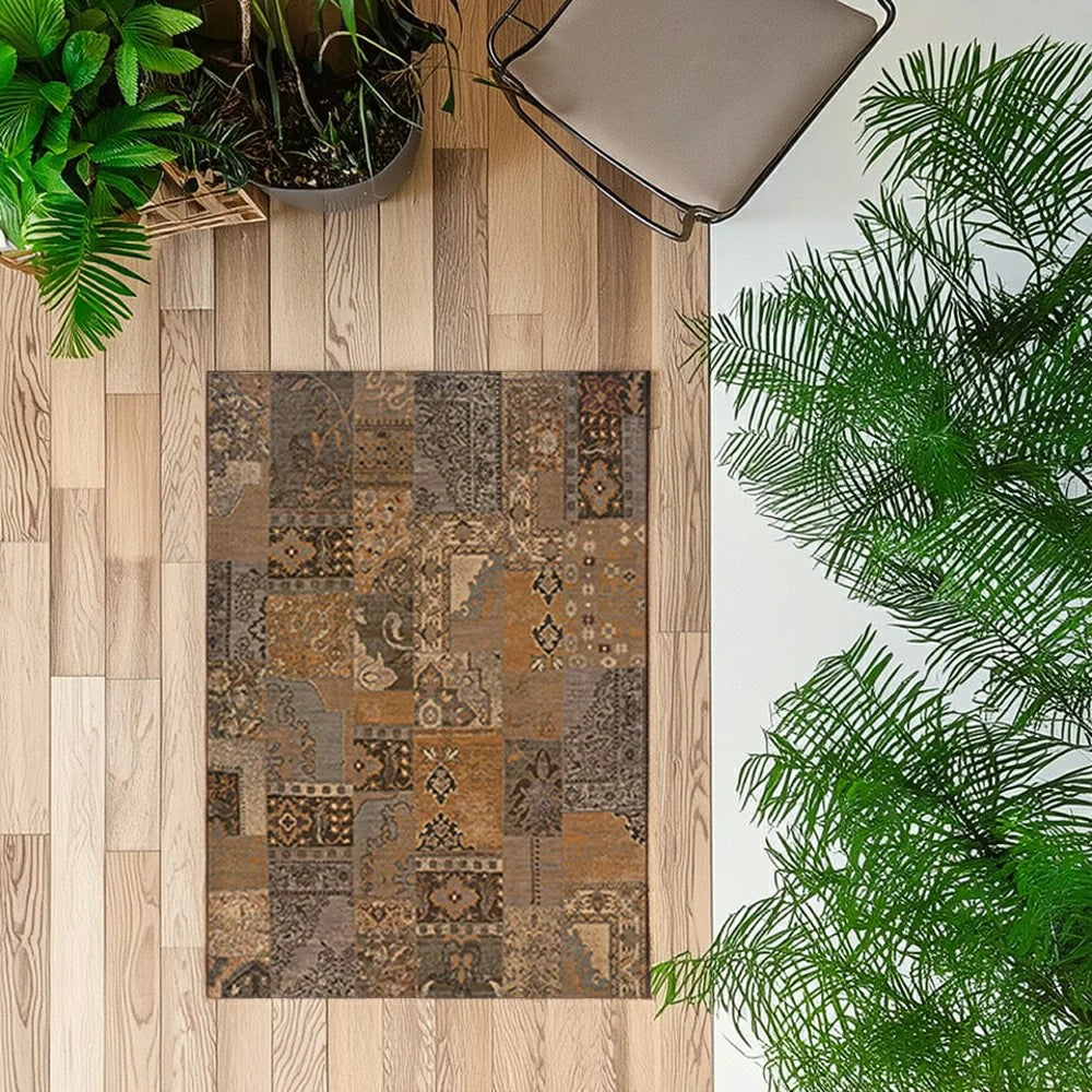 LIVARA 160/200cm Vintage Patchwork Loop-Pile Rug - Waterproof, Stain-Resistant, Anti-Static, Soft & Durable - Rustic Brown Style