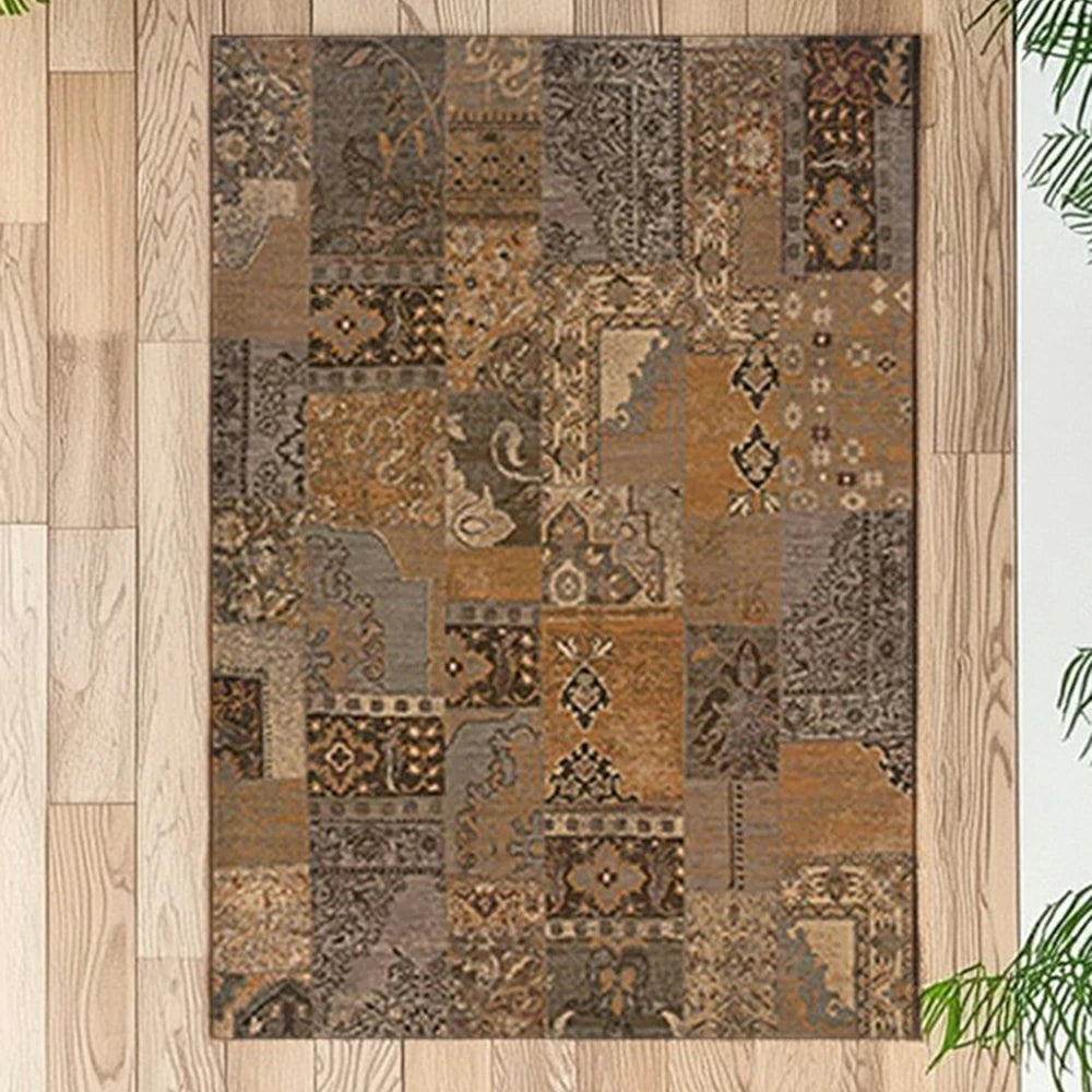 LIVARA 160/200cm Vintage Patchwork Loop-Pile Rug - Waterproof, Stain-Resistant, Anti-Static, Soft & Durable - Rustic Brown Style