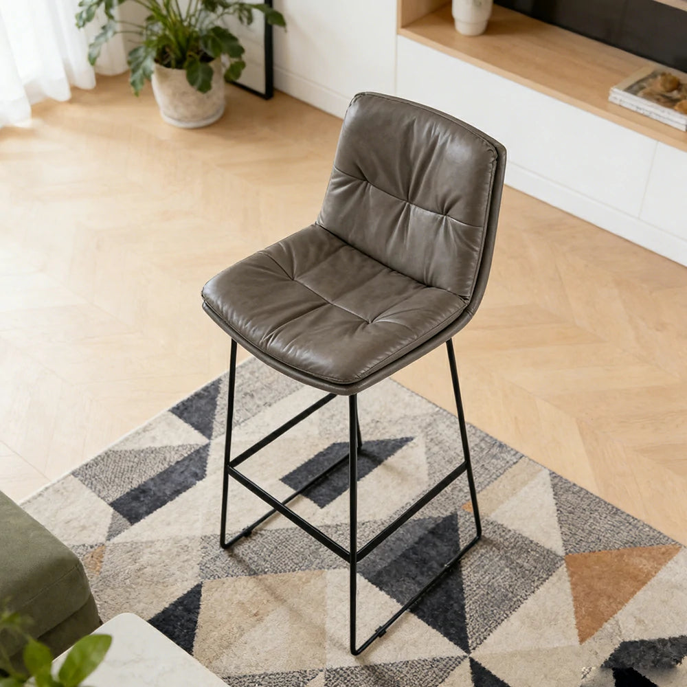 LIVARA Modern Bar Stool - PU Upholstered Ergonomic Padded Seat, Supportive Backrest, Stable Metal Legs, Kitchen & Bar Use, Seat Height 65cm - Grey