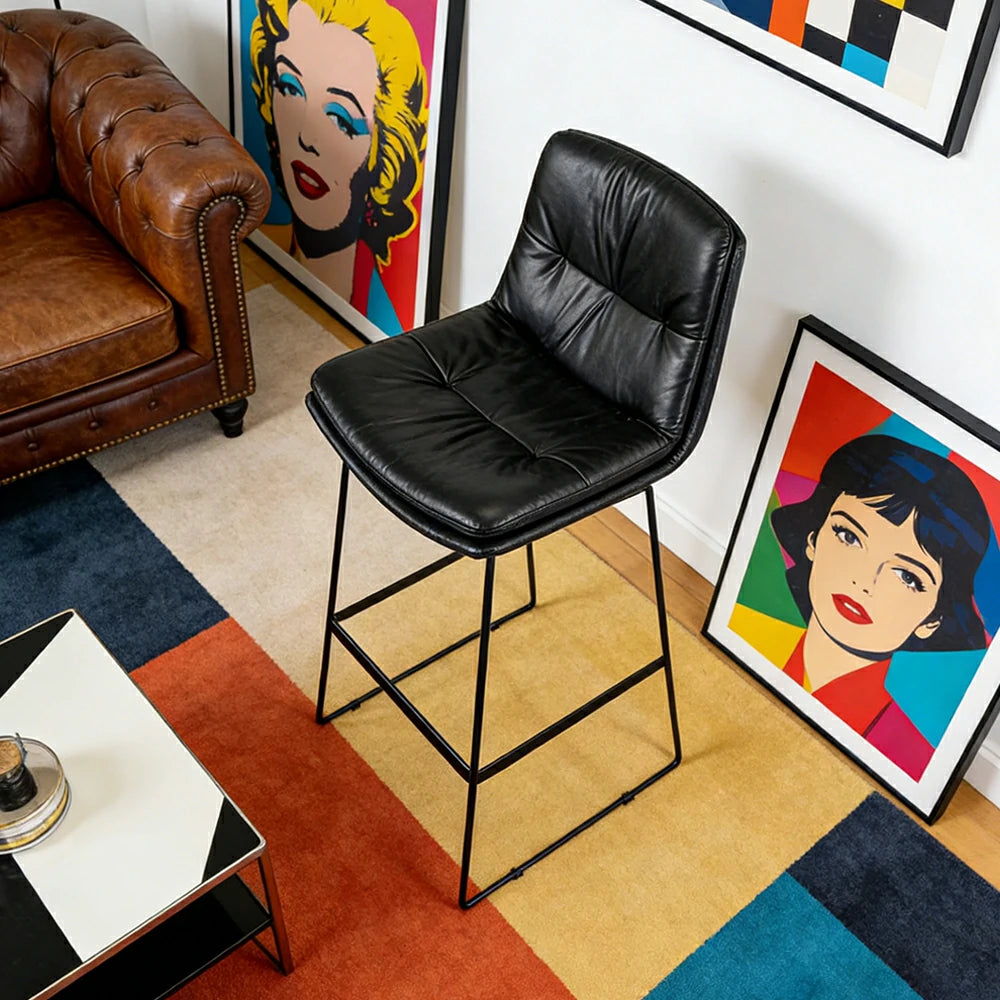 LIVARA Modern Bar Stool - PU Upholstered Ergonomic Padded Seat, Supportive Backrest, Stable Metal Legs, Kitchen & Bar Use, Seat Height 65cm - Black