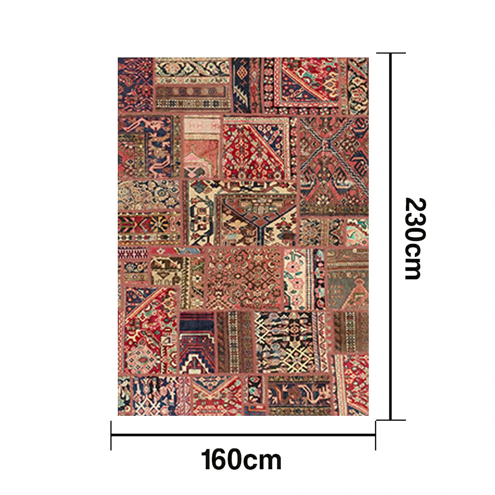 LIVARA 160/200cm Red Vintage Patchwork Loop-Pile Rug - Waterproof, Stain-Resistant, Anti-Static, Soft & Durable - Oriental Pattern Design