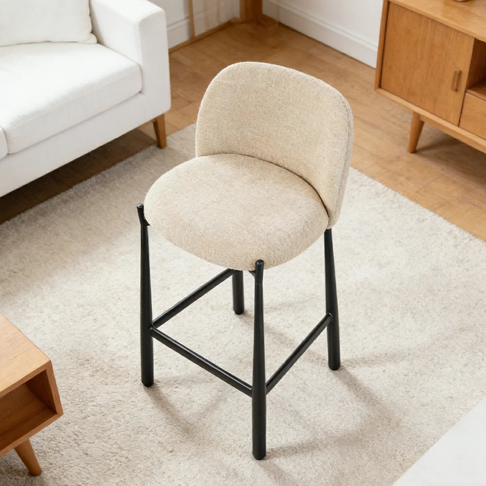 LIVARA Modern Bar Stool - Ergonomic Curved Backrest, Soft Upholstered Seat, Stable Metal Legs, Kitchen & Bar Use, Seat Height 65cm - Beige