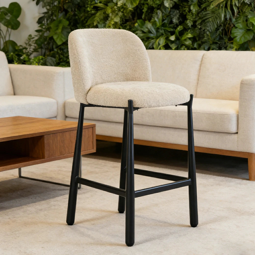 LIVARA Modern Bar Stool - Ergonomic Curved Backrest, Soft Upholstered Seat, Stable Metal Legs, Kitchen & Bar Use, Seat Height 65cm - Beige