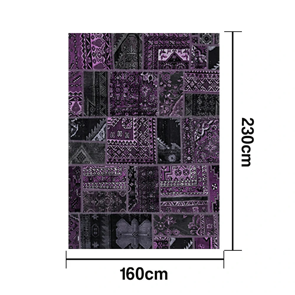 LIVARA 160/200cm Purple Vintage Patchwork Loop-Pile Rug - Waterproof, Stain-Resistant, Anti-Static, Soft & Durable - Dark Purple Design
