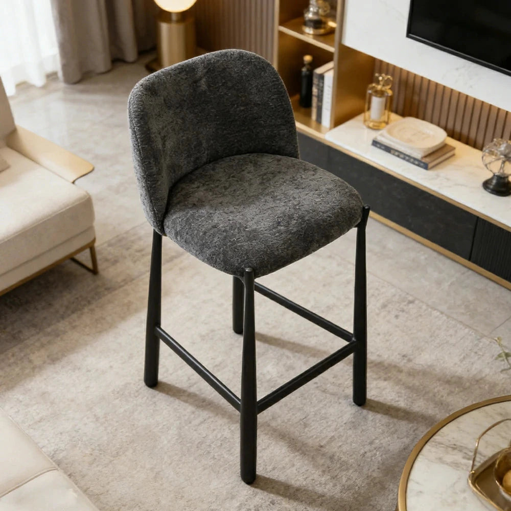 LIVARA Modern Bar Stool - Ergonomic Curved Backrest, Soft Upholstered Seat, Stable Metal Legs, Kitchen & Bar Use, Seat Height 65cm - Grey