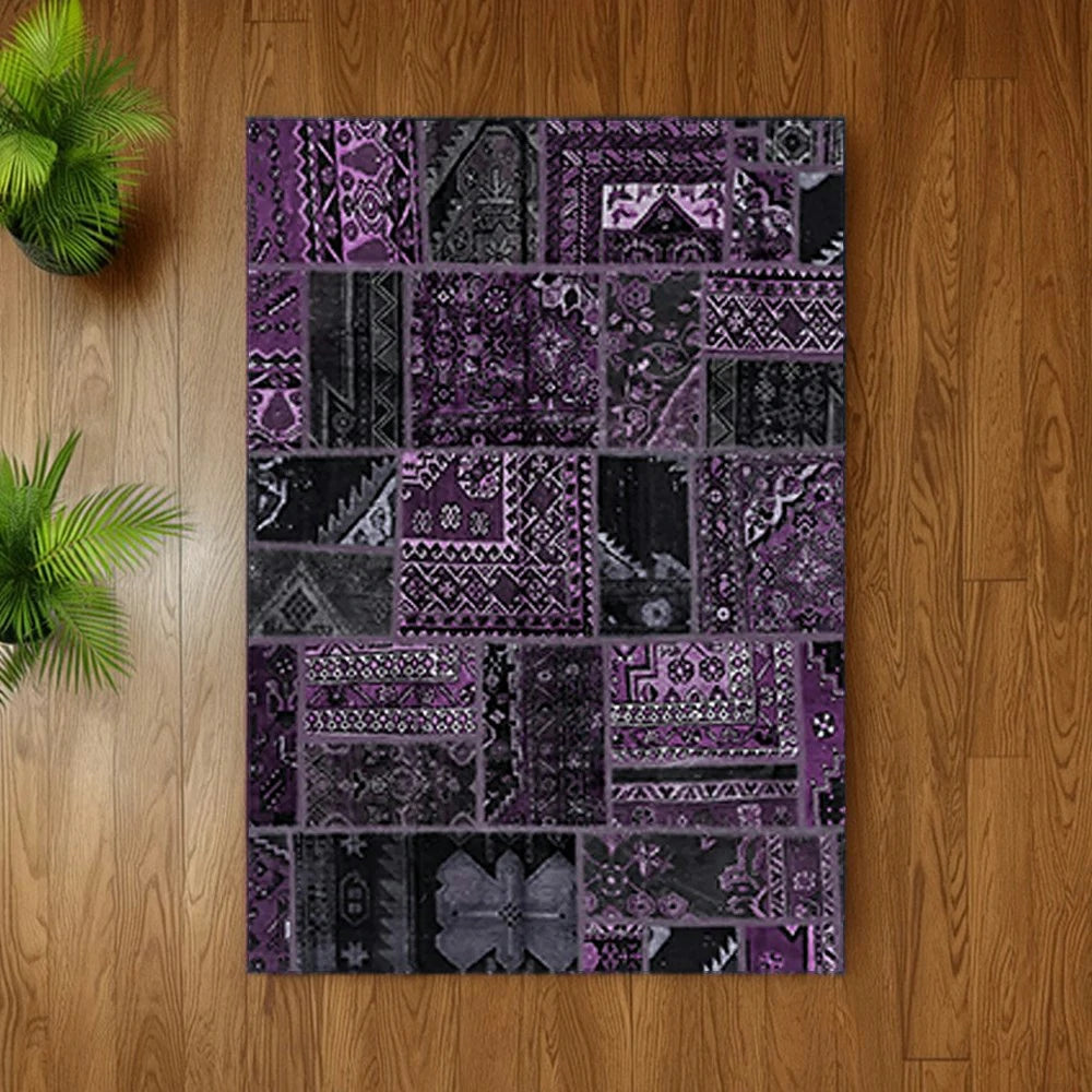 LIVARA 160/200cm Purple Vintage Patchwork Loop-Pile Rug - Waterproof, Stain-Resistant, Anti-Static, Soft & Durable - Dark Purple Design
