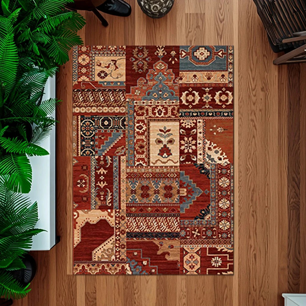 LIVARA 160/200cm Red & Blue Oriental Patchwork Loop-Pile Rug - Waterproof, Stain-Resistant, Anti-Static, Soft & Durable - Vintage Pattern Design