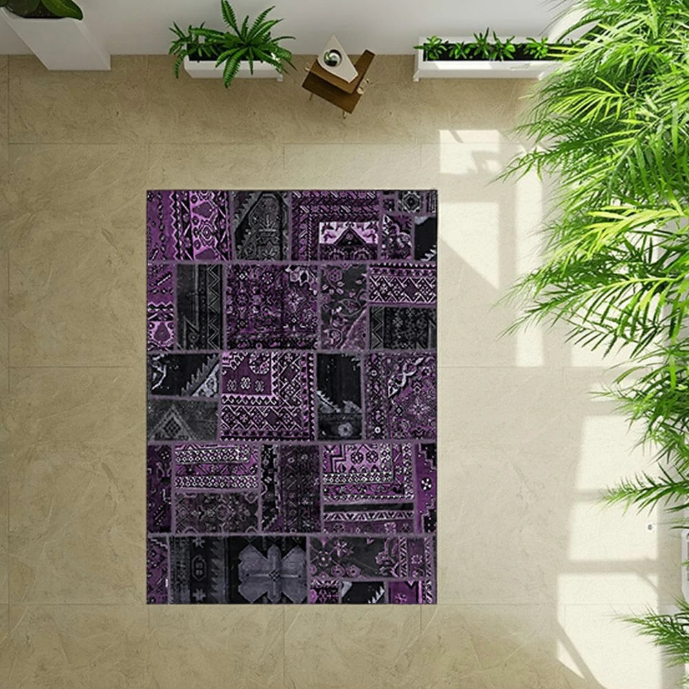 LIVARA 160/200cm Purple Vintage Patchwork Loop-Pile Rug - Waterproof, Stain-Resistant, Anti-Static, Soft & Durable - Dark Purple Design