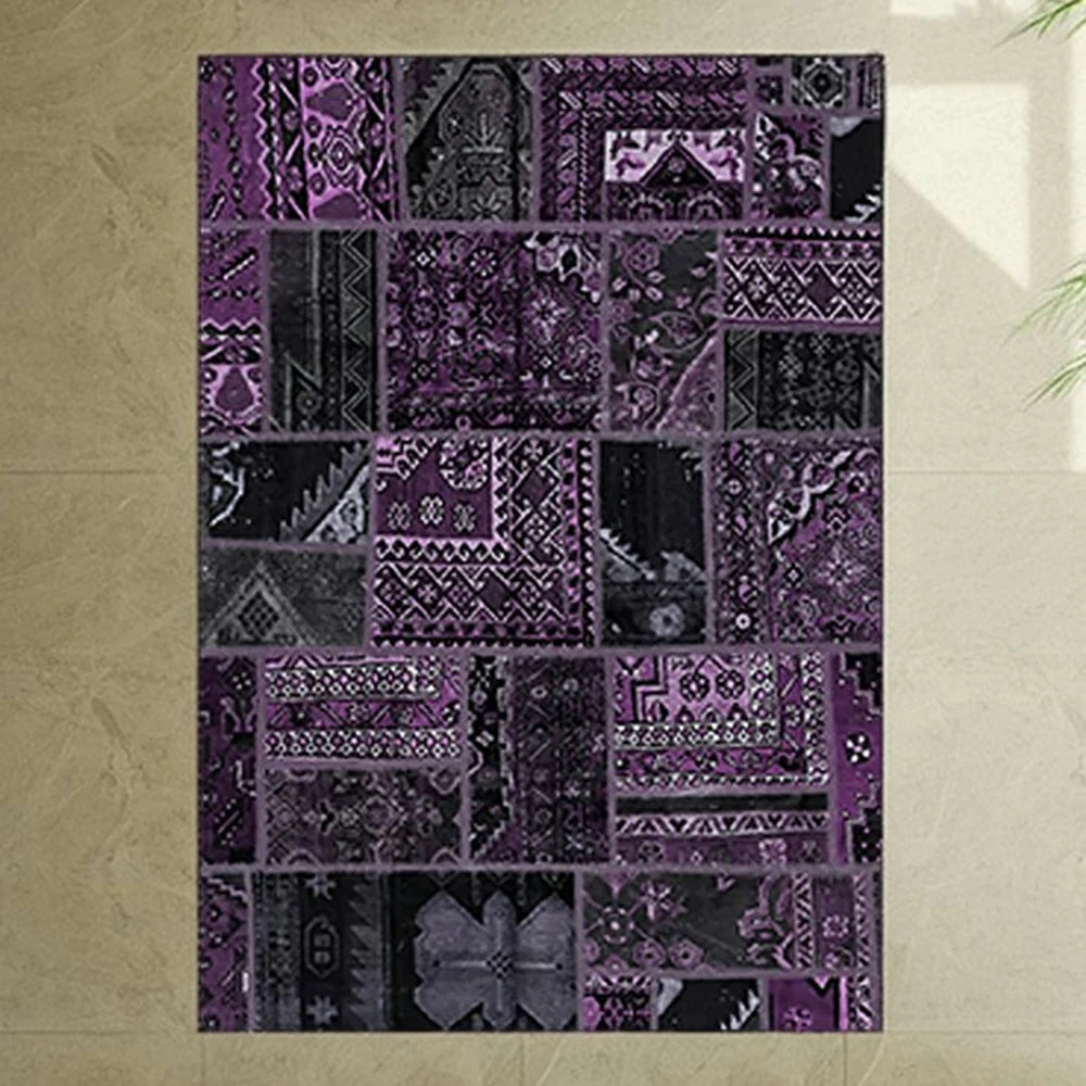 LIVARA 160/200cm Purple Vintage Patchwork Loop-Pile Rug - Waterproof, Stain-Resistant, Anti-Static, Soft & Durable - Dark Purple Design