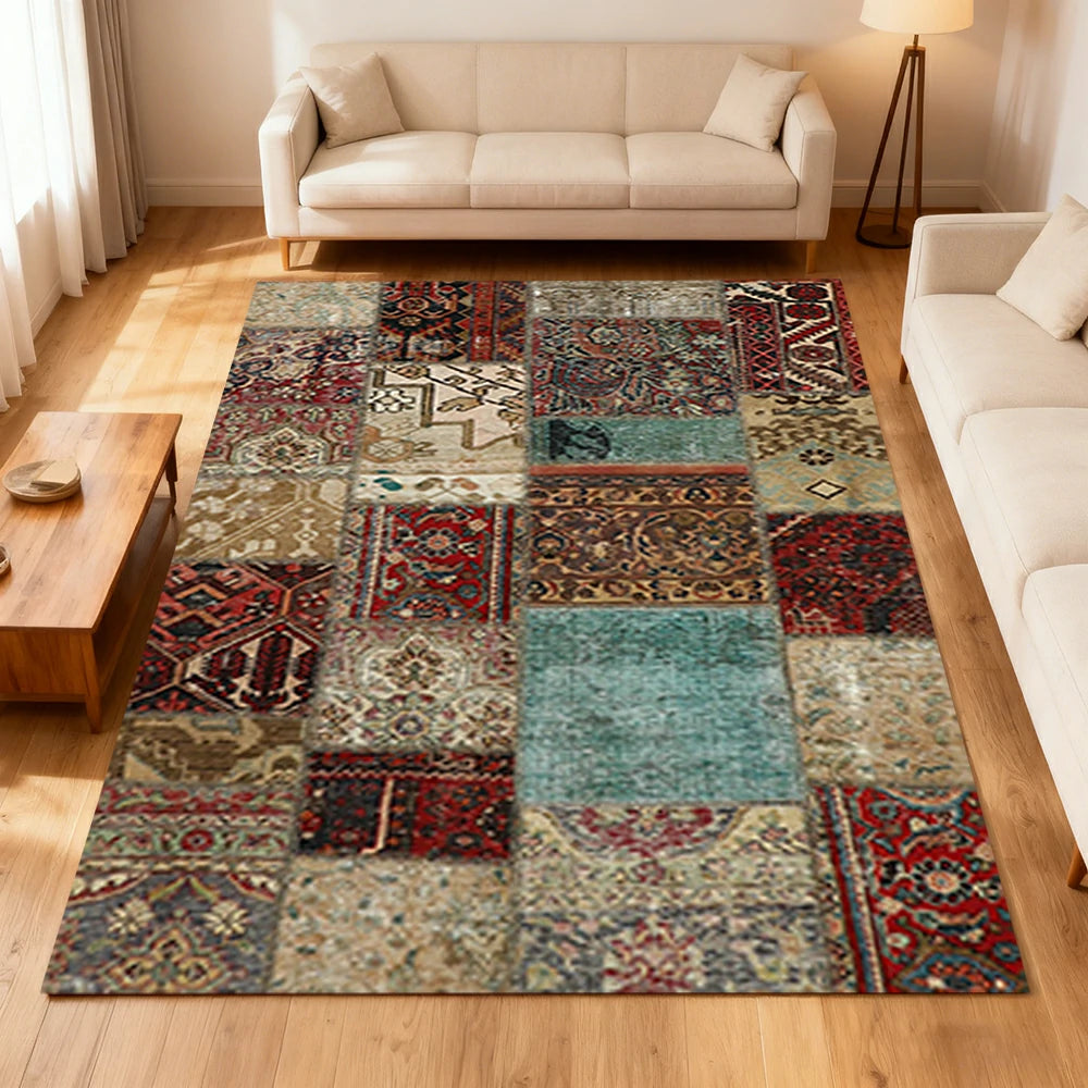 LIVARA 160/200cm Teal & Red Vintage Patchwork Loop-Pile Rug - Waterproof, Stain-Resistant, Anti-Static, Soft & Durable - Multi-Color Design