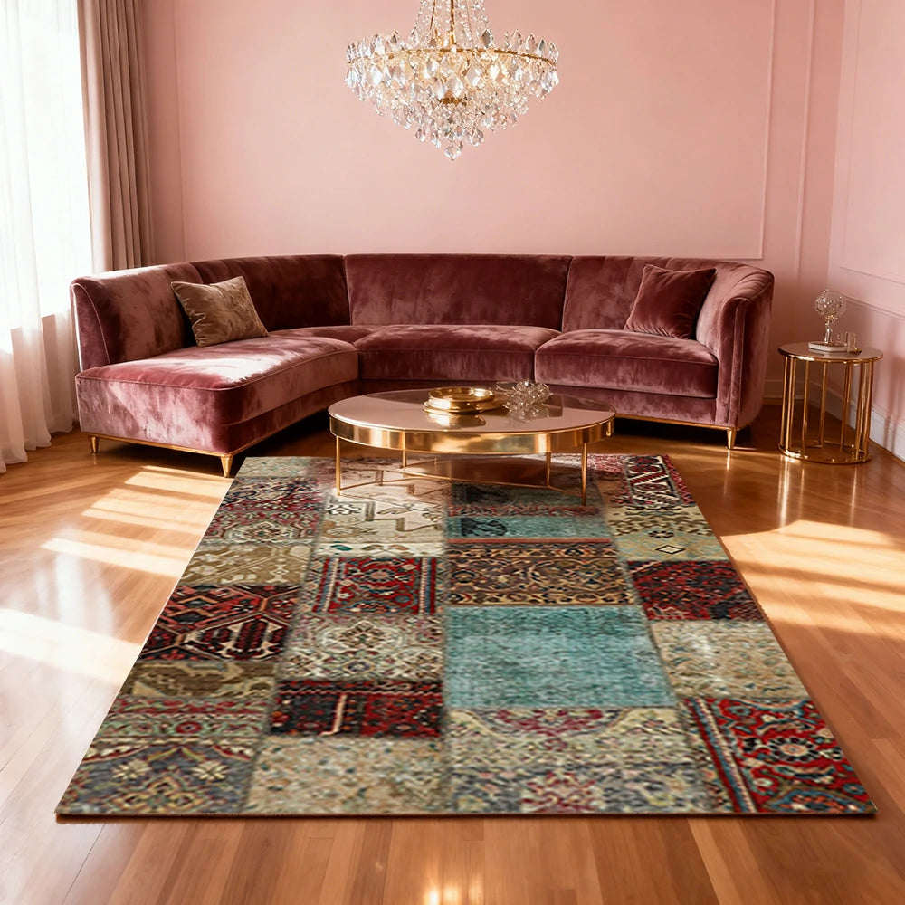 LIVARA 160/200cm Teal & Red Vintage Patchwork Loop-Pile Rug - Waterproof, Stain-Resistant, Anti-Static, Soft & Durable - Multi-Color Design