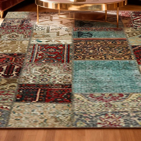 LIVARA 160/200cm Teal & Red Vintage Patchwork Loop-Pile Rug - Waterproof, Stain-Resistant, Anti-Static, Soft & Durable - Multi-Color Design