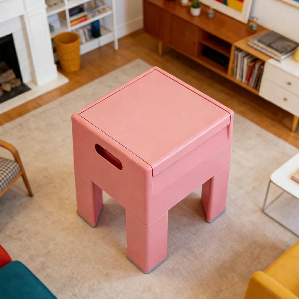 LIVARA Multi-Functional Storage Stool - ABS Material with Hidden Storage, Lightweight Stackable Design, Bedside & Side Table Use - Pink