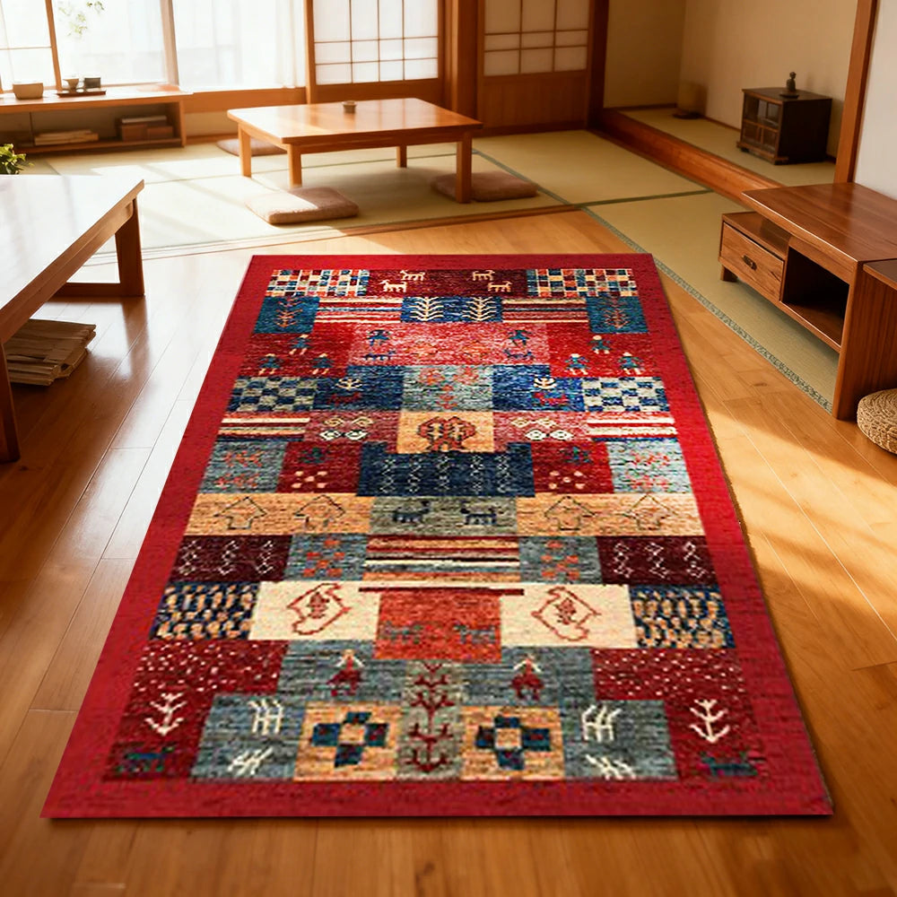 LIVARA 160/200cm Gabbeh Patchwork Loop-Pile Rug - Upgraded Non-Slip Eco Cotton-Latex Backing - Waterproof, Stain-Resistant, Soft & Durable - Red Multi