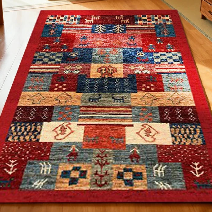 LIVARA 160/200cm Gabbeh Patchwork Loop-Pile Rug - Upgraded Non-Slip Eco Cotton-Latex Backing - Waterproof, Stain-Resistant, Soft & Durable - Red Multi