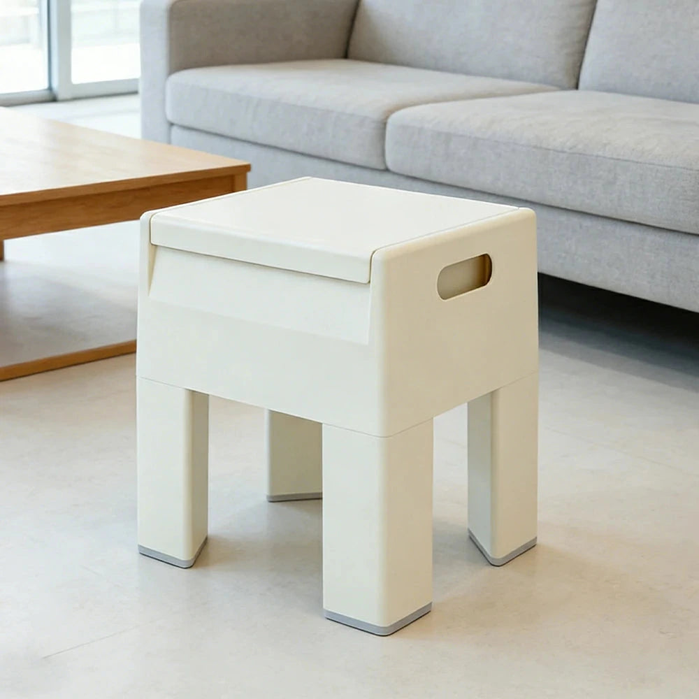 LIVARA Multi-Functional Storage Stool - ABS Material with Hidden Storage, Lightweight Stackable Design, Bedside & Side Table Use - White