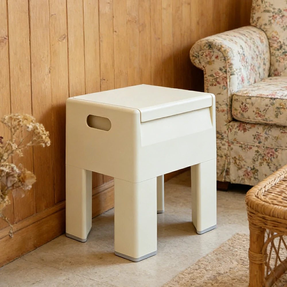 LIVARA Multi-Functional Storage Stool - ABS Material with Hidden Storage, Lightweight Stackable Design, Bedside & Side Table Use - White